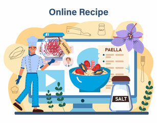 Paella online service or platform. Spanish traditional dish with seafood