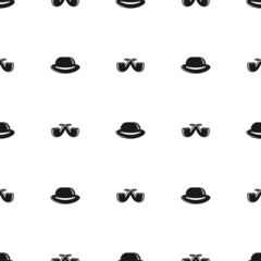 Seamless gentleman pattern on white background. Silhouette of man's bowler hat and crossed tobacco pipe.