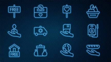Set line Donation food, Blood donation, Location with heart, Emergency car, Caring for people, Free sign, Book and and charity icon. Vector