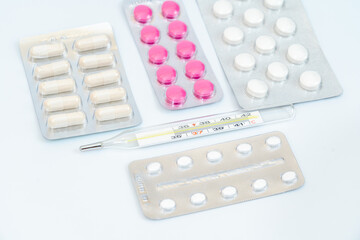 Capsules pills and tablets in blister packaging. Isolated