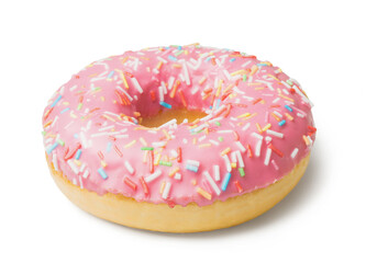 Donut with pink icing isolated on white background.