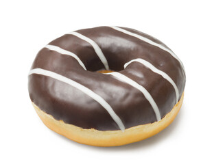 Fresh donut with chocolate icing on a white background. View from above.