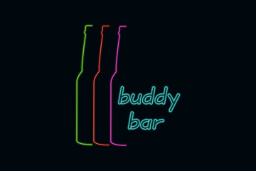 Beer bottle in a line style with a neon glow effect and the inscription bar for buddies on a dark background. Vector illustration for the design of signboards for outlets, pubs, bars, cafes
