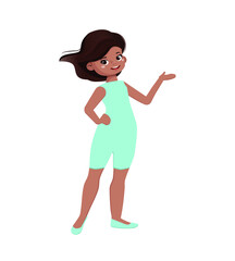 A teenage girl smiles and gestures with her hands. A female character, a student or a schoolgirl. Flat vector illustration. A teenage girl on a white background points with her hand. 