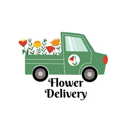 Cute hand drawn green delivery truck transporting flowers, isolated vector illustration