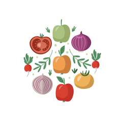 Farm fresh vegetables and fruits  set of clip art hand drawn in flat style, isolated vector illustration