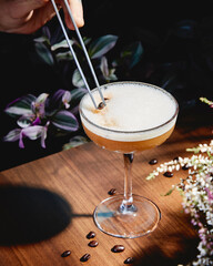 mixology coffee cocktail with flowers