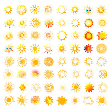 A large set of different suns. The sun is abstract. Hello summer. Vector illustration