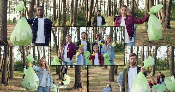 Collage of good-looking smiling multicultural people which posing on camera while cleaning park or forest from rubish