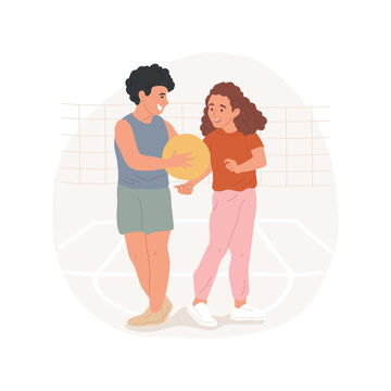Team building sports isolated cartoon vector illustration Kid passing a ball to a partner, sport teamwork, team building game, students play in a school gym, physical education vector cartoon.