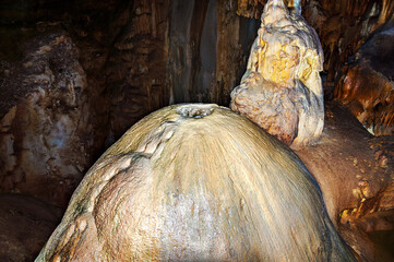 Crimea, Ukraine. Stalactites, stalagmites on the walls of the Emine-Bair-Khosar cave. Template for...