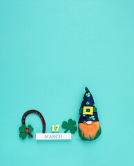 Cute irish gnome, horseshoe for good luck, decorative clover leaves, 17 march date calendar on...