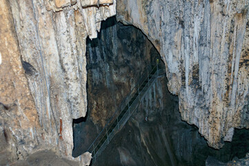 Crimea, Ukraine. Stalactites, stalagmites on the walls of the Emine-Bair-Khosar cave. Template for...