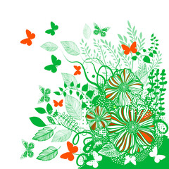 Green floral abstraction with butterflies and flowers . Hello summer. Vector illustration