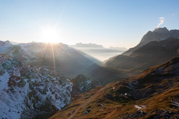 Amazing sunset in the alps of Switzerland. Wonderful flight with a drone over an amazing landscape...