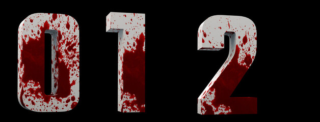 Alphabet blood. 0, 1, 2. Numbers horror. White letters smeared with blood. 3D render. Black background. © wesleyyaya