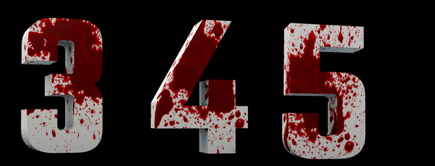 Alphabet blood. 3, 4, 5. Numbers horror. White letters smeared with blood. 3D render. Black background.
