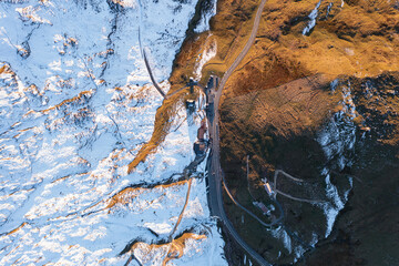 Amazing sunset in the alps of Switzerland. Wonderful flight with a drone over an amazing landscape in the canton of Uri and Glarus. Epic view over a street called Klausenpass.
