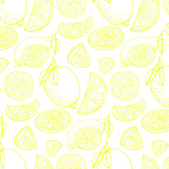 Fresh yellow fruits of lemon, lime, with green leaves and flowers. Seamless citrus texture on a white background. Whole lemon slice. Doodle Minimal Style. Black line. Vector illustration. Handwriting.