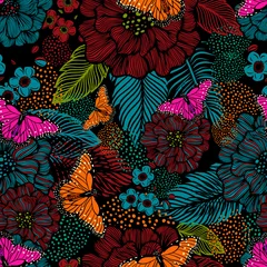 Badezimmer Foto Rückwand Seamless background from multicolored flowers and butterflies. Vector illustration © Мария Неноглядова