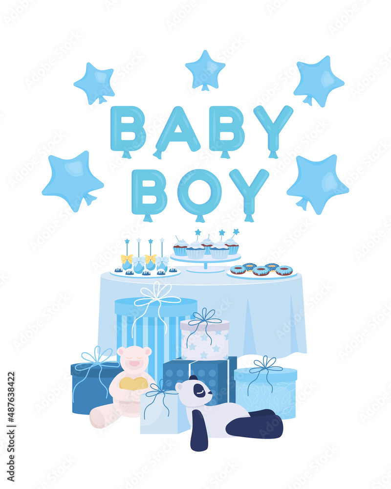 Poster baby shower festive board semi flat color vector object. full sized item on white. expecting boy sim