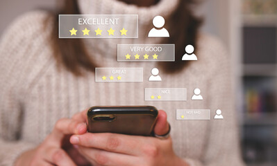 User give rating to service experience on online application. Customer review satisfaction feedback survey concept. Customer can evaluate quality of service leading to reputation ranking of business.