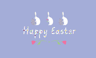 Vector decorative easter greeting card with bunny, flowers and colorful eggs. Hand drawn lettering and abstract modern elements. Spring festive background.