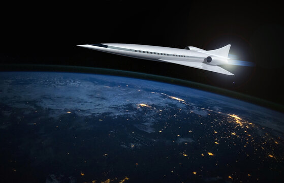 Concept of a futuristic hypersonic passenger aircraft. Air transport of the future. Space tourism. 3D rendering image. Elements of this image furnished by NASA