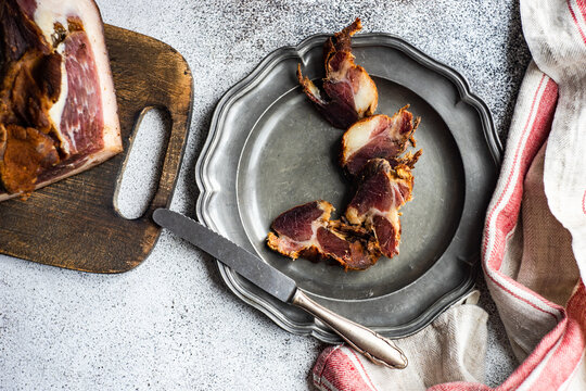 Overhead view of traditional Georgian Lori bacon from Racha region, Georgia