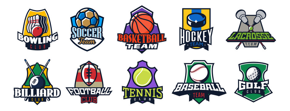 Set of sport teams logos. Collection of club emblem templates for football, soccer, basketball, ice hockey, american football, baseball, lacrosse, golf, tennis, billiards, bowling. Vector illustration
