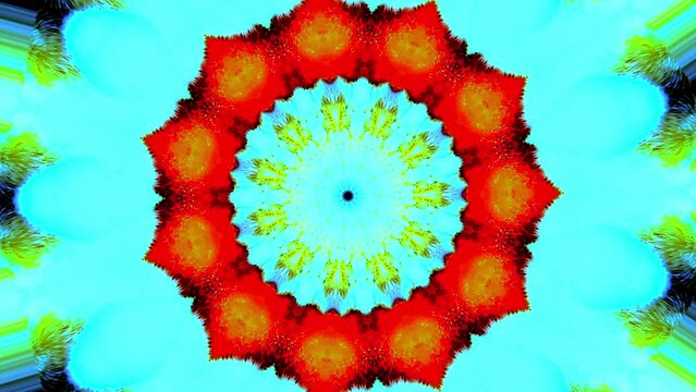video en movimientos repetitivos estilo m&aacute;ndala con c&iacute;rculos que se van abriendo en colores vivos rojo, naranja, azul, verde y negro