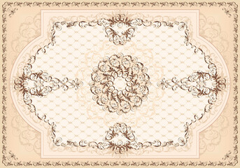 3D-image ceiling painting in Classic style, the arch of the main hall, stucco beige molding frame, gold bonze ornaments, light beige background for ceiling decoration