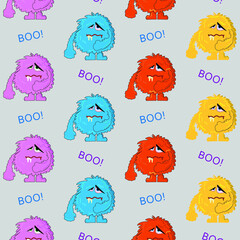 Childish  pattern with cute monsters on gray background. Vector texture for children clothes, fabrics, textiles