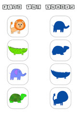 Find correct shadow with lion, crocodile, elephant, turtle.  Kids educational game. 
