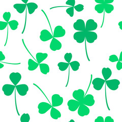 Green and white pattern clover leaf seamless vector shamrock template for St. Patrick's day. Texture clover three and four leaves good luck. 