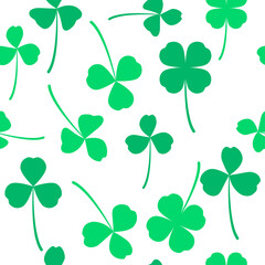 Fototapeta premium Green and white pattern clover leaf seamless vector shamrock template for St. Patrick's day. Texture clover three and four leaves good luck. 