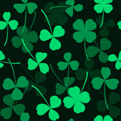Fototapeta premium Green dark pattern clover leaf seamless vector shamrock template for St. Patrick's day. Texture clover three and four leaves good luck.