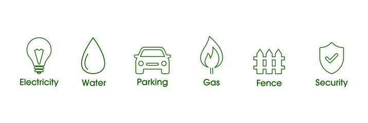 real estate icon set water, gas, electricity, parking, security. line icons vector illustration