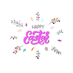 Happy Easter handwritten text. Modern brush calligraphy for banner, poster, postcard, print, greeting card, invitation template. Hand lettering typography. Cute vector illustration for spring holiday