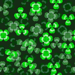 Green pattern clover trefoil leaf seamless border vector shamrock template for St. Patrick's day. Texture clover three and four leaves good luck. On black background.