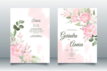 romantic  wedding invitation card template set with beautiful  floral leaves Premium Vector