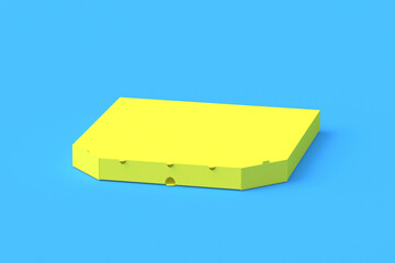Yellow closed blank pizza box on blue background. Fast food. Pizzeria advertisement. Food delivery. Top view. Copy space. 3d render