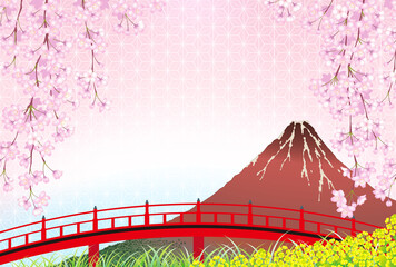 桜　シダレザクラ　富士山　背景素材