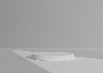 Simple, Minimal 3D Render Composition with One White Cylinder Podium or Stand on Abstract Shadow White or Light Gray Background for Product Display Triangle Light Pointing to Product