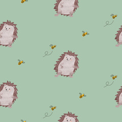 Seamless child pattern with cute watercolor hedgehogs and bees.	