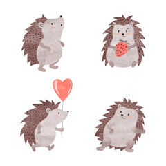 Cute hedgehogs isolated on white background. Vector watercolor animal illustration. © Afanasia