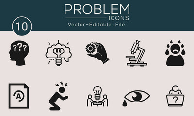 Problem concept icons set. Contains such icons problem solving, depression, analyze, solution and more, can be used for web and apps.
