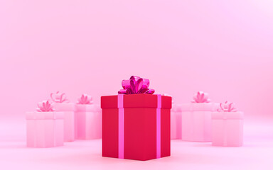 Wrapped gift box, present with pink ribbon. 3d render illustration.Merry christmas and happy 2025 new year. Gift advertisement of discounts for birthday, wedding anniversary. Empty space for ad text