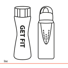 Sports bottles for beverage water or protein cocktails. Healthy lifestyle. Drinks for fitness. Linear vector illustration on white background. Doodle drawings