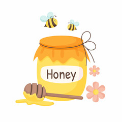 Honey jar with bees, flowers and dipper. Isolated illustration for honey label, products, package design.